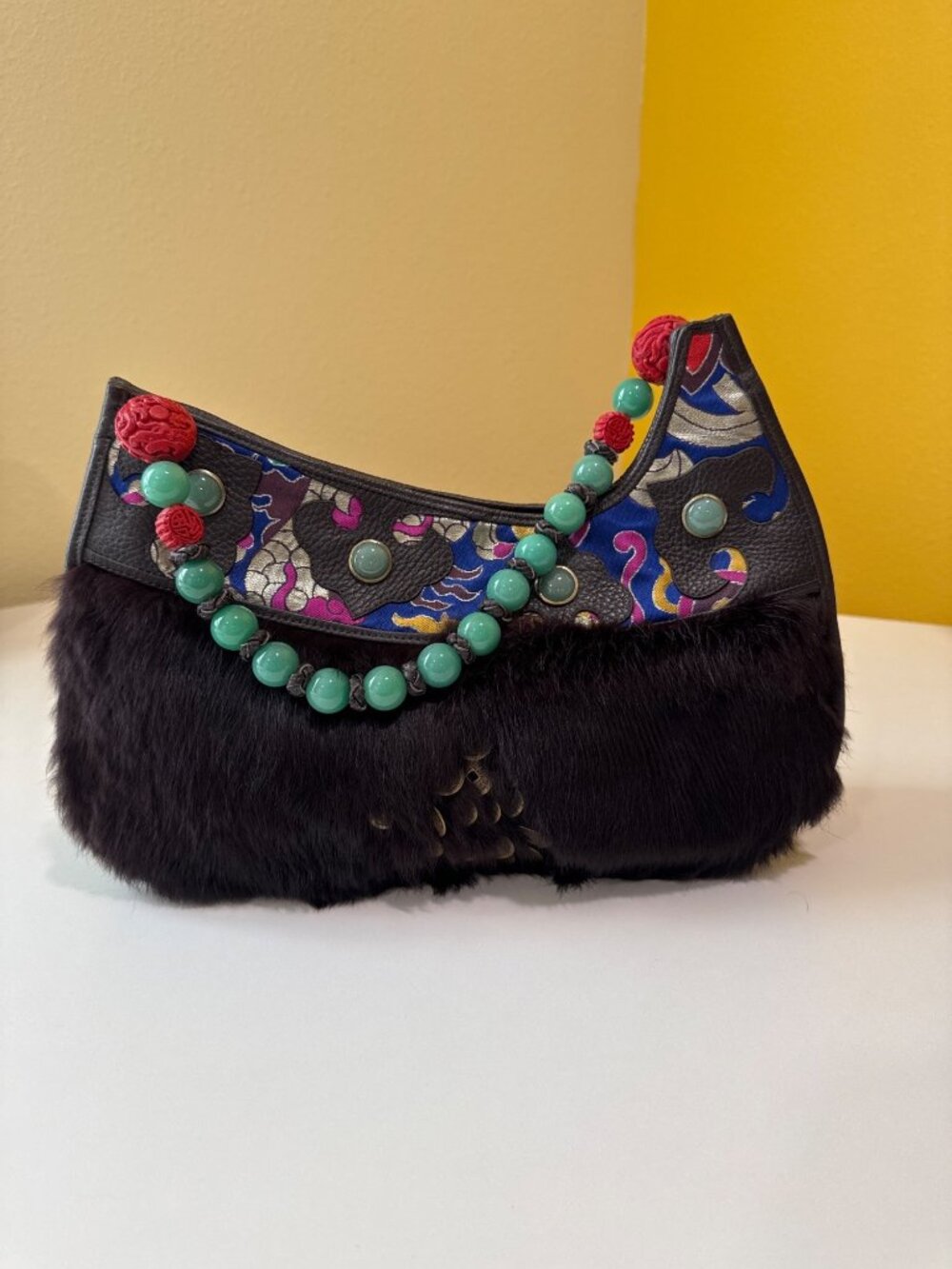 Shanghai Tang Black Leather Fur Shoulder Bag With Beaded Handle & Red Lining